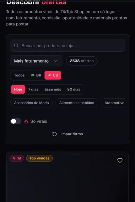 Feed de ofertas virais do TikTok Shop (EUA) no Viraliza