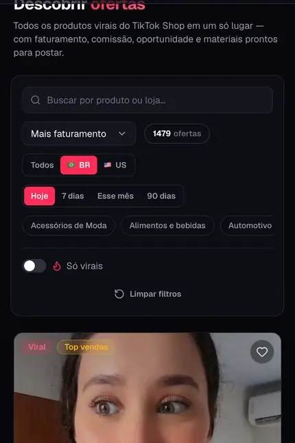Feed de ofertas virais do TikTok Shop no Viraliza